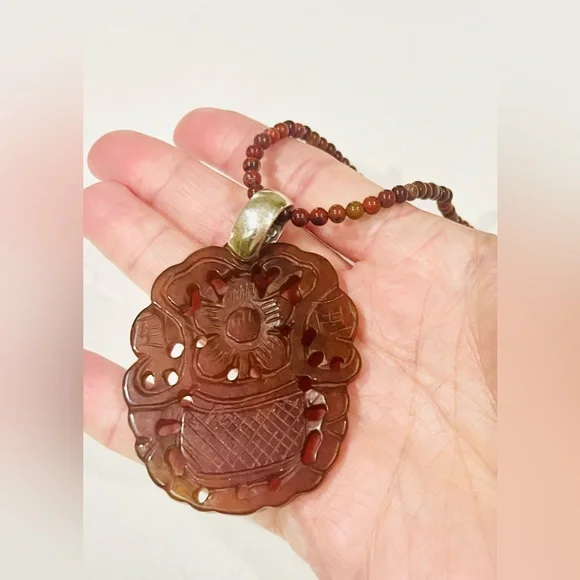 Carved Chinese Jade Pendant Necklace | Sterling Silver | Prosperity Symbol - Picture 8 of 14